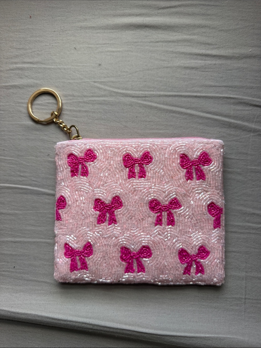 Pink Beaded Bow Coin Pouch with Keyring